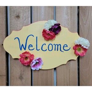 Welcome Sign Front Door Entryway Spring Summer Flowers Handcrafted Yellow